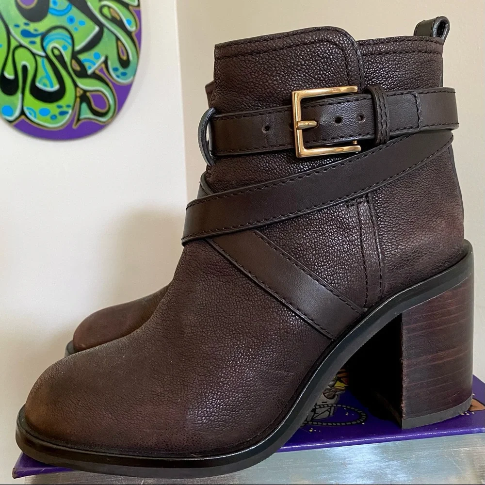 Tory Burch Hastings Heeled Leather Ankle Boots w/ Wrap Around Ankle Straps